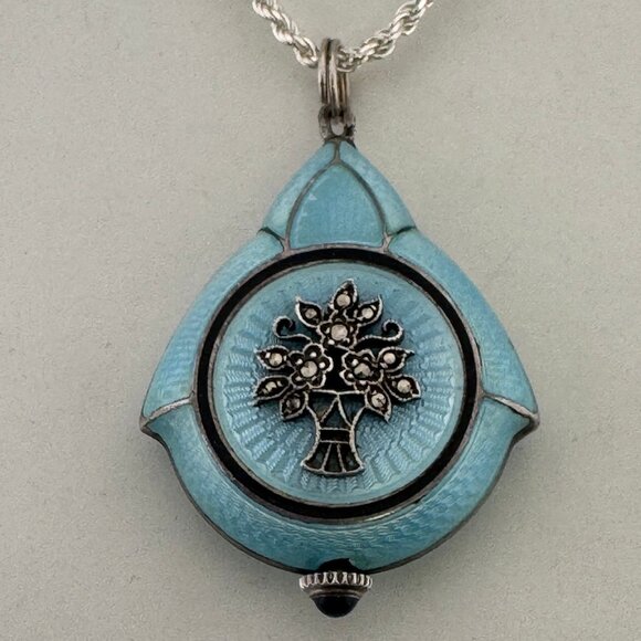 Antique Jewelry - Stunning1920's Swiss Made 925 Silver Guilloche Powder Blue Watch Maracsite Motif